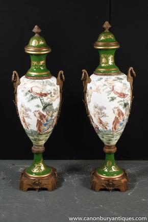 Pair Large Sevres Porcelain Amphora Urns Champleve Vases